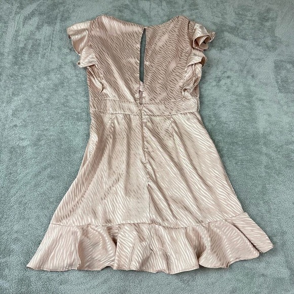 Saints Secrets Champagne Zebra Print Ruffle Wrap Mini Dress Flutter Sleeve - Picture 3 of 8